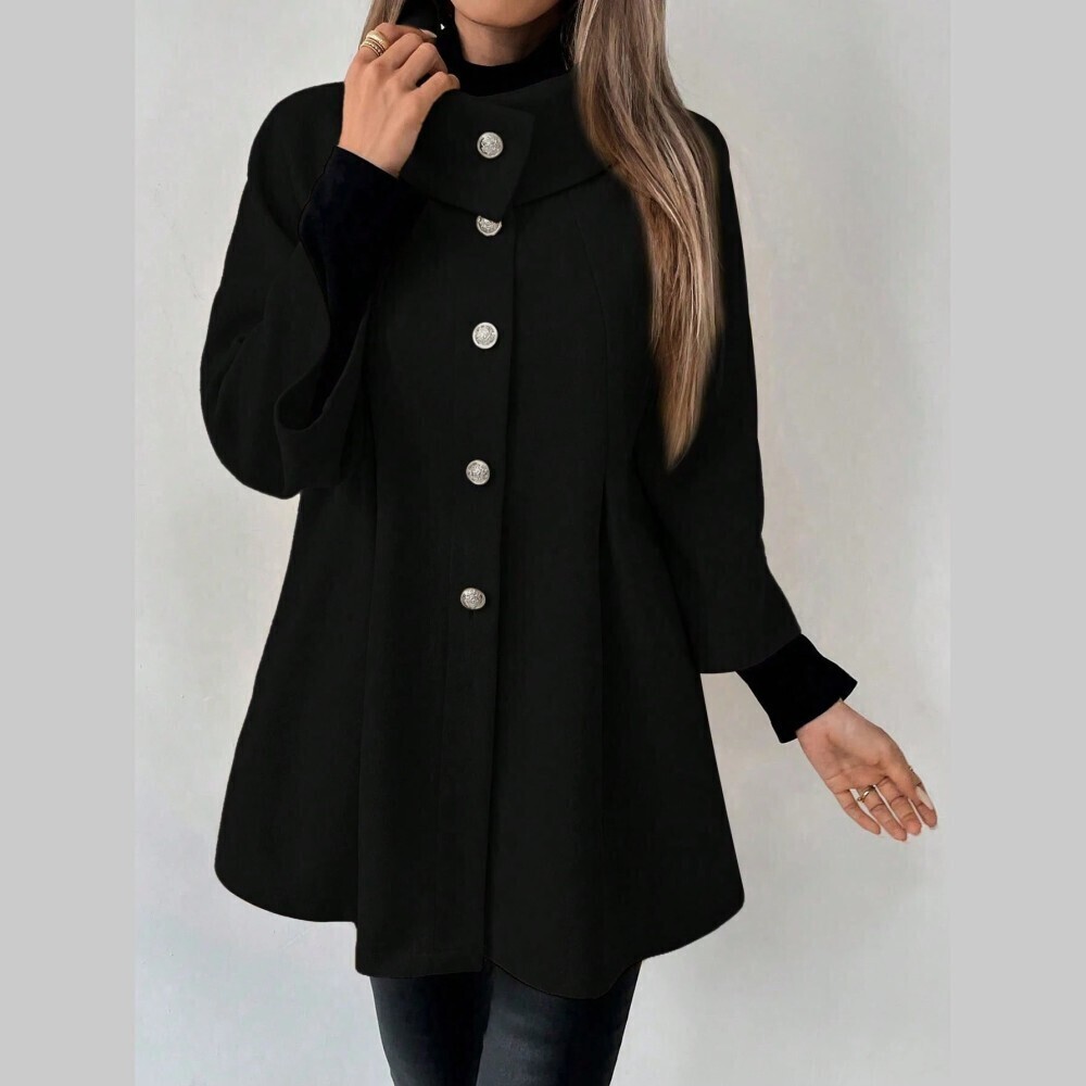 Black Funnel Neck Swing Coat with Ornate Buttons